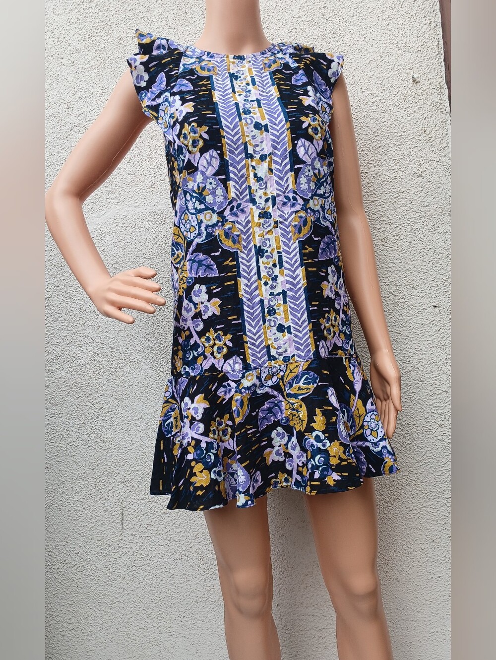 Free People Floral Open Back Mini Dress Ruffle Sleeves Size L